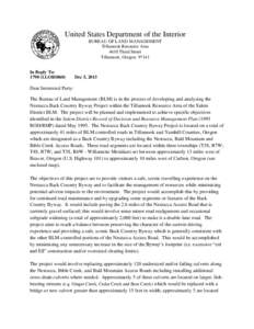 United States Department of the Interior BUREAU OF LAND MANAGEMENT Tillamook Resource Area 4610 Third Street Tillamook, Oregon[removed]In Reply To: