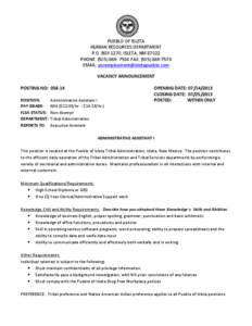 PUEBLO OF ISLETA HUMAN RESOURCES DEPARTMENT P.O. BOX 1270, ISLETA, NM[removed]PHONE: ([removed]FAX: ([removed]EMAIL: [removed] VACANCY ANNOUNCEMENT