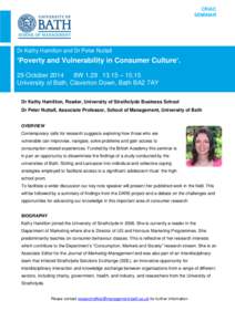 CRiAC SEMINAR Dr Kathy Hamilton and Dr Peter Nuttall  ‘Poverty and Vulnerability in Consumer Culture’.