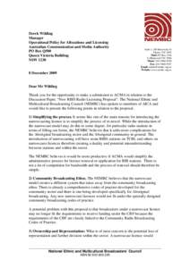 Derek Wilding Manager Operational Policy for Allocations and Licensing Australian Communication and Media Authority PO Box Q500 Queen Victoria Building