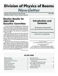 Division of Physics of Beams  Newsletter A Division of the American Physical Society Edited by Michael S. Zisman, Secretary-Treasurer