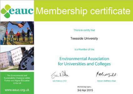EAUC Membership Certificate for Teesside University