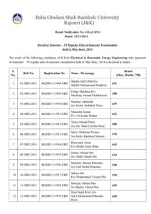 Baba Ghulam Shah Badshah University Rajouri (J&K) Result Notification No. 436 of 2014 Dated: [removed]Result of Semester – VI Regular End-of-Semester Examination held in May-June, 2014