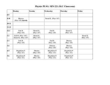 Physics PLSG: SES-221 (SLC Classroom) Monday Tuesday  Wednesday