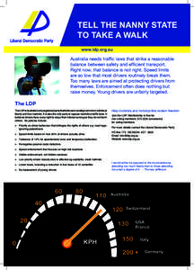 TELL THE NANNY STATE TO TAKE A WALK www.ldp.org.au Australia needs trafﬁc laws that strike a reasonable balance between safety and efﬁcient transport.