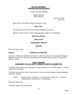 CITY OF LOCKPORT CORPORATION PROCEEDINGS Lockport Municipal Building Regular Meeting Official Record February 3, 2016