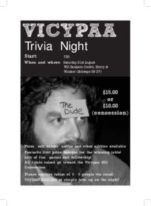 VICYPAA Trivia Night 7.30 When and where: Saturday 21st August Will Sampson Centre, Henry st Windsor (Melways 59 D7)