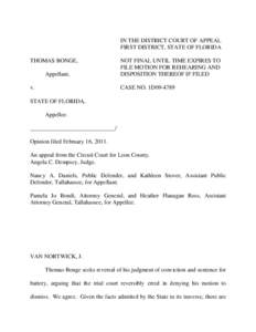 IN THE DISTRICT COURT OF APPEAL FIRST DISTRICT, STATE OF FLORIDA THOMAS BONGE, Appellant, v.