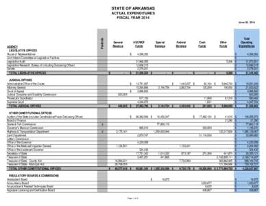 STATE OF ARKANSAS ACTUAL EXPENDITURES FISCAL YEAR 2014 AGENCY LEGISLATIVE OFFICES