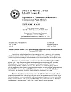 Office of the Attorney General Robert E. Cooper, Jr. Department of Commerce and Insurance Commissioner Paula Flowers  NEWS RELEASE