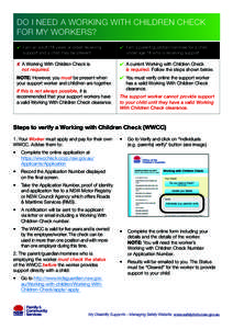 DO I NEED A WORKING WITH CHILDREN CHECK FOR MY WORKERS? ✔ I am an adult (18 years or older) receiving support and a child may be present  ✔ I am a parent/guardian/nominee for a child