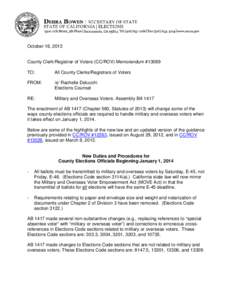 October 16, 2013  County Clerk/Registrar of Voters (CC/ROV) Memorandum #13089 TO:  All County Clerks/Registrars of Voters