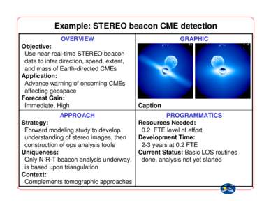Example: STEREO beacon CME detection OVERVIEW Objective: Use near-real-time STEREO beacon data to infer direction, speed, extent, and mass of Earth-directed CMEs