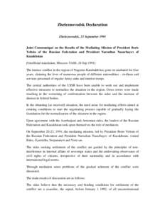 Zheleznovodsk Declaration Zheleznovodsk, 23 September 1991