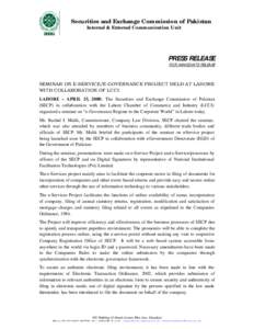 Securities and Exchange Commission of Pakistan Internal & External Communication Unit PRESS RELEASE FOR IMMEDIATE RELEASE