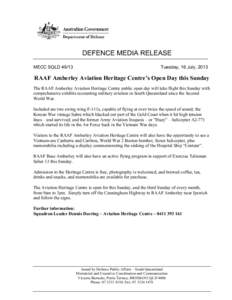 DEFENCE MEDIA RELEASE MECC SQLDTuesday, 16 July, 2013  RAAF Amberley Aviation Heritage Centre’s Open Day this Sunday