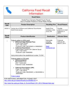 California Food Recall Information Recall Name Nestlè Pizza Company Recalls Frozen Pizzas Due to Possible Presence of Small Plastic Pieces Recall