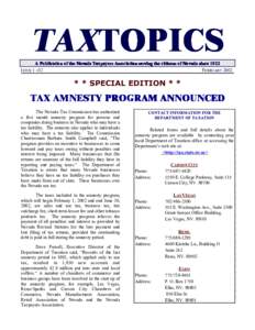 TAXTOPICS A Publication of the Nevada Taxpayers Association serving the citizens of Nevada since 1922 ISSUE[removed]FEBRUARY 2002  * * SPECIAL EDITION * *