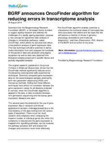 BGRF announces OncoFinder algorithm for reducing errors in transcriptome analysis