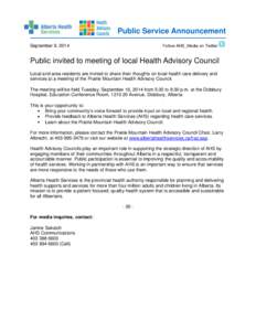 Public Service Announcement September 9, 2014 Follow AHS_Media on Twitter  Public invited to meeting of local Health Advisory Council