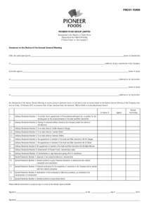 PROXY FORM  PIONEER FOOD GROUP LIMITED Incorporated in the Republic of South Africa (Registration No) (“Pioneer Foods” or “the Company”)