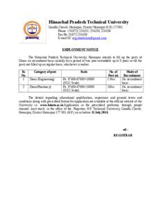 Himachal Pradesh Technical University Gandhi Chowk, Hamirpur, District Hamirpur H.P[removed]Phone :( [removed], 224153, [removed]Fax No[removed]E-mail ID: [removed]