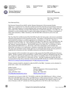 Montana DEQ - Draft Environmental Impact Statement (DEIS) for the Troy Mine Revised Reclamation Plan Cover Letter