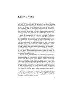 Editor’s Notes Much has happened in the writing across the curriculum (WAC) movement since the publication of C. W. Griffin’sTeaching Writing in All Disciplines just six years ago. A recent survey, the result