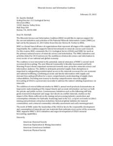 Minerals Science and Information Coalition Dr. Suzette Kimball Acting Director, U.S. Geological Survey Directors Office[removed]Sunrise Valley Drive Mail Stop 100