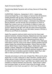Apple Announces Apple Pay!  ! Transforming Mobile Payments with an Easy, Secure & Private Way to Pay !