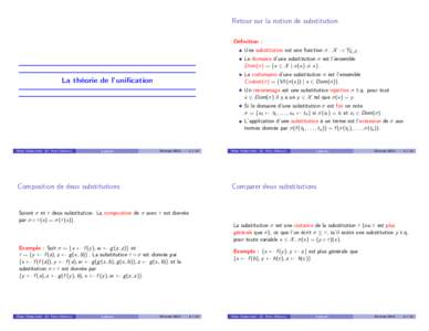 Retour sur la notion de substitution Définition : Une substitution est une fonction σ : X → TΣ,X . Le domaine d’une substitution σ est l’ensemble Dom(σ) = {x ∈ X | σ(x) 6= x}. Le codomaine d’une substitut