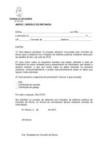 CONCELLO DE MUROS (A Coruña) ANEXO I. MODELO DE INSTANCIA  D/Dna. ______________________________________, con DNI,___________