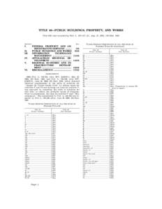 TITLE 40—PUBLIC BUILDINGS, PROPERTY, AND WORKS This title was enacted by Pub. L. 107–217, § 1, Aug. 21, 2002, 116 Stat[removed]Subtitle  I.