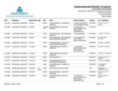 Undocumented Border CrosserstoPIMA COUNTY OFFICE OF THE MEDICAL EXAMINER 2825 E District Street Tucson, AZ8600