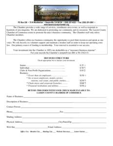 PO Box 338 • 75 N Weatherlow • Susanville, CA 96130 • ( • Fax: ( • www.lassencountychamber.org The Chamber provides a wide range of services, coordinates area events, as well as respon