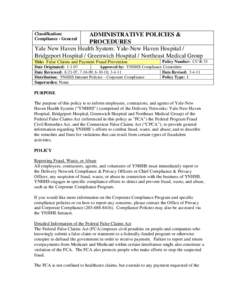 Classification: Compliance - General ADMINISTRATIVE POLICIES & PROCEDURES Yale New Haven Health System: Yale-New Haven Hospital /