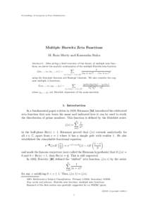 Proceedings of Symposia in Pure Mathematics  Multiple Hurwitz Zeta Functions M. Ram Murty and Kaneenika Sinha Abstract. After giving a brief overview of the theory of multiple zeta functions, we derive the analytic conti