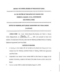 BEFORE THE DENTAL BOARD OF THE STATE OF IOWA  ************************************************************ IN THE MATTER OF THE NOTICE OF HEARING FOR MARION J. BLOUNT, D.D.S., RESPONDENT DES MOINES, IOWA