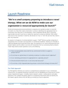 Launch Readiness “We’re a small company preparing to introduce a novel therapy. What can we do NOW to make sure our organization is resourced appropriately for launch?” Small and emerging pharmaceutical/biotech com