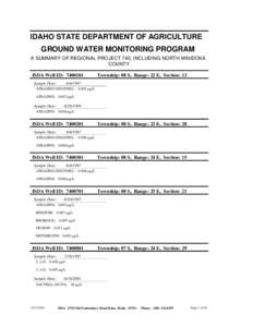 IDAHO STATE DEPARTMENT OF AGRICULTURE GROUND WATER MONITORING PROGRAM A SUMMARY OF REGIONAL PROJECT 740, INCLUDING NORTH MINIDOKA COUNTY ISDA Well ID: [removed]Sample Date: