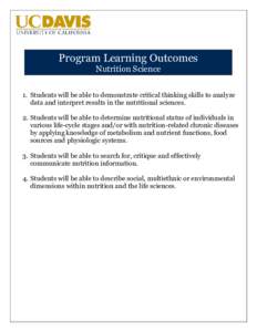 Program Learning Outcomes Nutrition Science 1. Students will be able to demonstrate critical thinking skills to analyze data and interpret results in the nutritional sciences. 2. Students will be able to determine nutrit