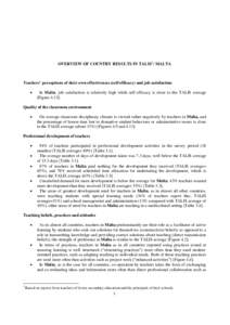 OVERVIEW OF COUNTRY RESULTS IN TALIS1: MALTA  Teachers’ perceptions of their own effectiveness (self-efficacy) and job satisfaction   In Malta, job satisfaction is relatively high while self-efficacy is close to the