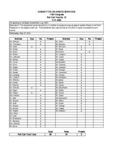 COM M I TTEE ON ARM ED SERVI CES 113th Congr ess Roll Call Vote No. 10 H.R[removed]On agreeing to the Speier amendment, Log 125r2 Description: This amendment gives the authority of whether to prosecute a sexual assault-rel