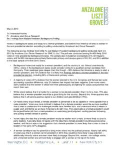 May 2, 2013 To: Interested Parties Fr: Anzalone Liszt Grove Research Re: Findings from Madam President Battleground Polling Voters in battleground states are ready for a woman president, and believe that America will ele