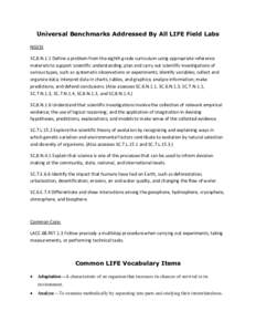 Universal Benchmarks Addressed By All LIFE Field Labs NGSSS SC.8.N.1.1 Define a problem from the eighth grade curriculum using appropriate reference materials to support scientific understanding; plan and carry out scien