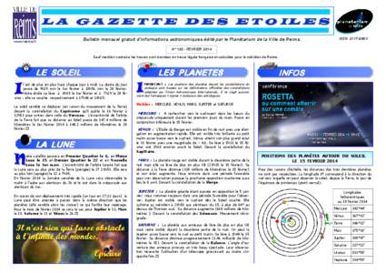 L A G A Z E T T E D E S E T O IL E S www.reims.fr Bulletin mensuel gratuit d’informations astronomiques édité par le Planétarium de la Ville de Reims.  ISSN 2117-699X