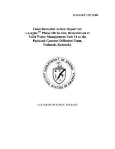 Final Remedial Action Report for LasagnaTM Phase IIb In-Situ Remediation of Solid Waste Management Unit 91 at the Paducah Gaseous Diffusion Plant, Paducah, Kentucky (Part 1 of 2)