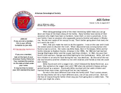 Arkansas Genealogical Society  AGS Ezine Jane A. Wilkerson, editor Brandon Ryan, list manager