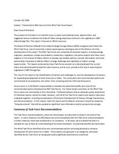 October 20, 2009 Subject: Transmittal to ISEA Council of the Wind Task Force Report Dear Council Members: The purpose of this letter is to transmit to you a report summarizing issues, opportunities, and suggested actions