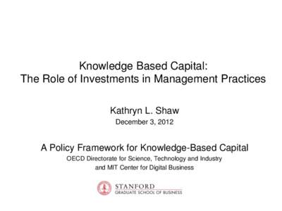 Knowledge Based Capital: The Role of Investments in Management Practices Kathryn L. Shaw December 3, 2012  A Policy Framework for Knowledge-Based Capital